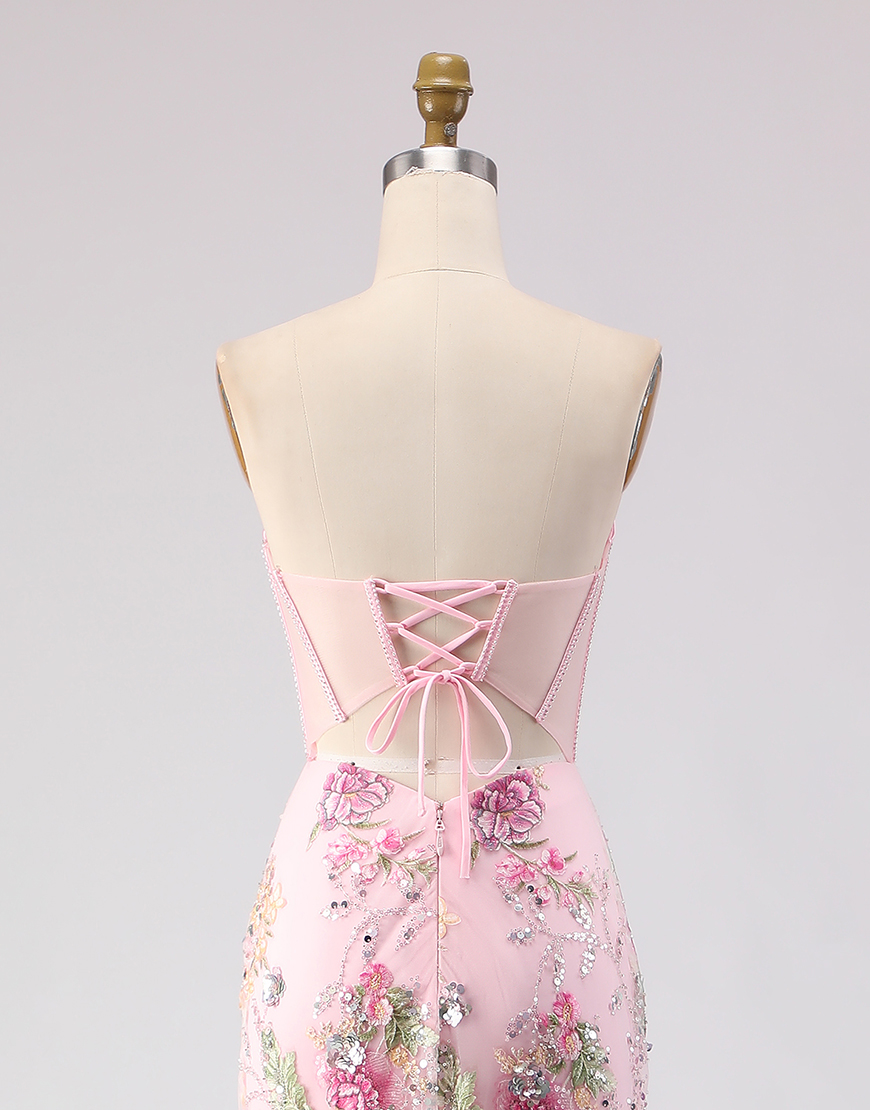 Sparkly Pink Sequins Beaded Corset Long Mermaid Prom Dress with Slit