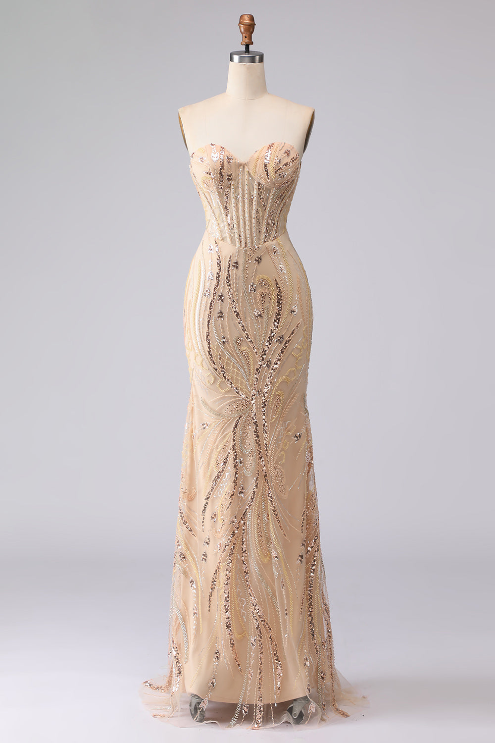 Sparkly Champagne Sequin Sweetheart Mermaid Long Corset Prom Dress