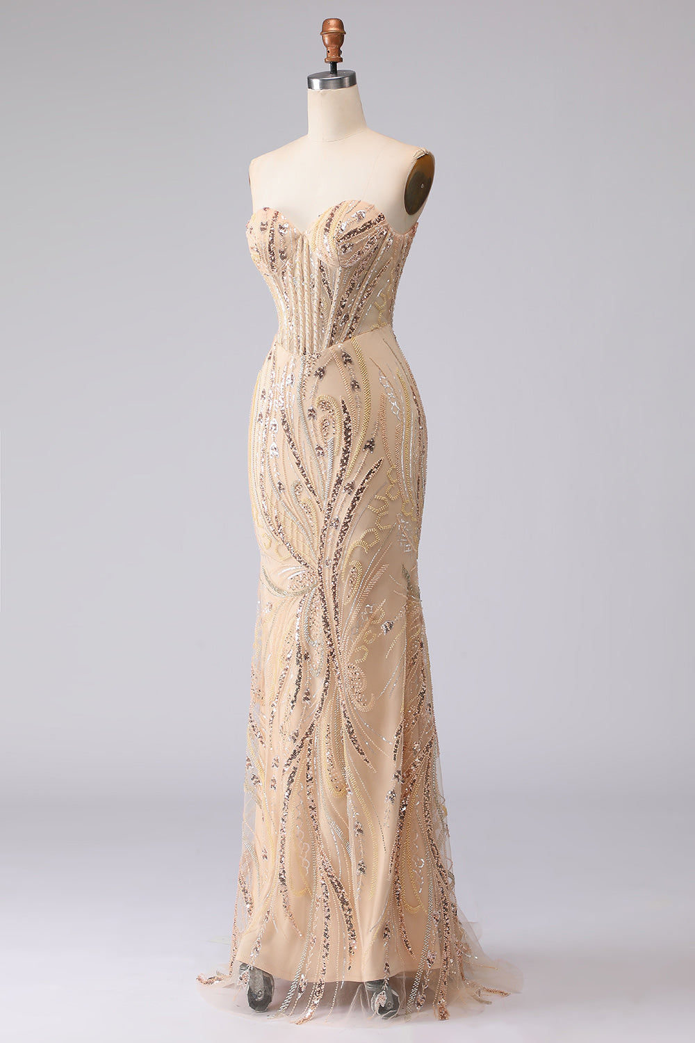 Sparkly Champagne Sequin Sweetheart Mermaid Long Corset Prom Dress