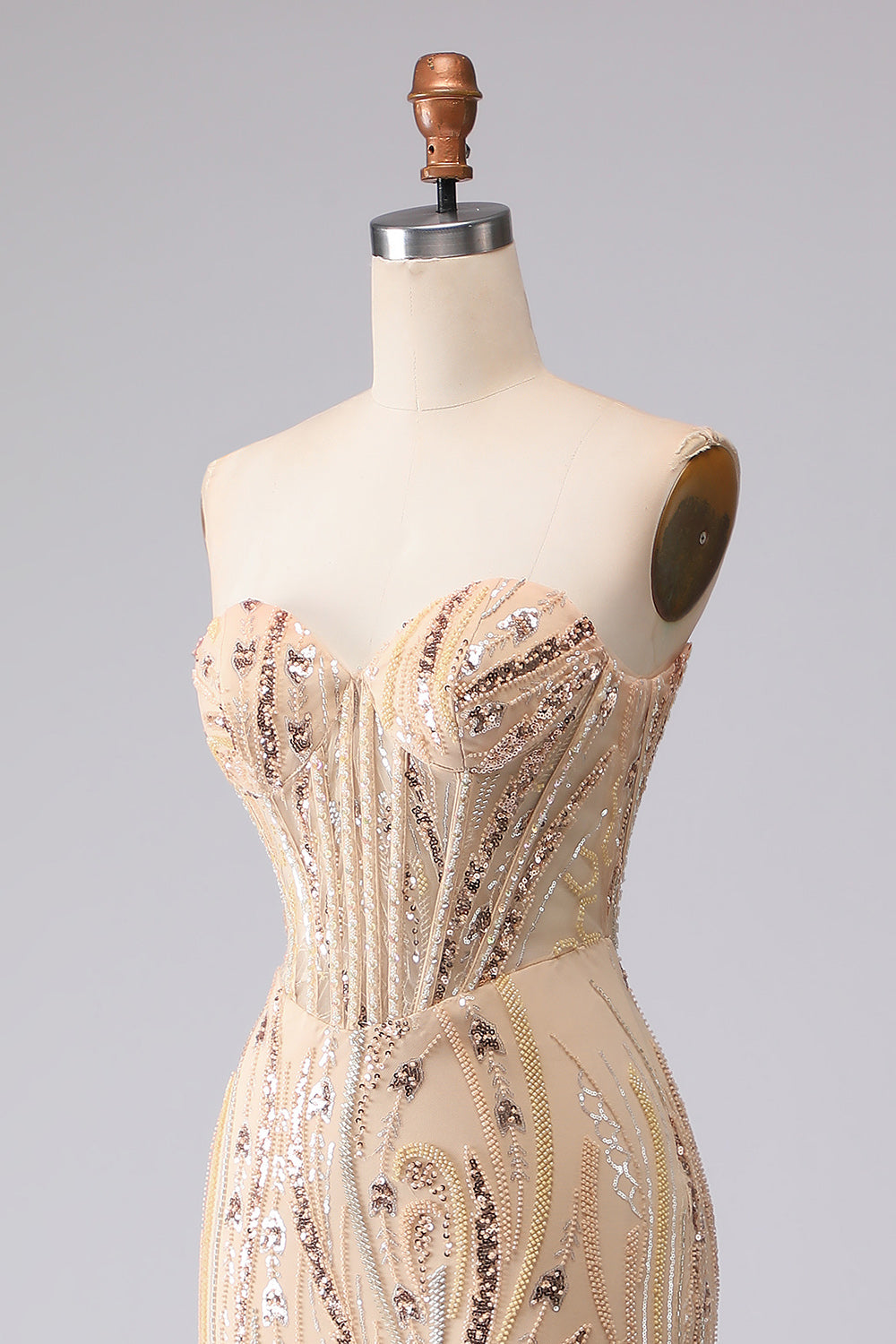 Sparkly Champagne Sequin Sweetheart Mermaid Long Corset Prom Dress