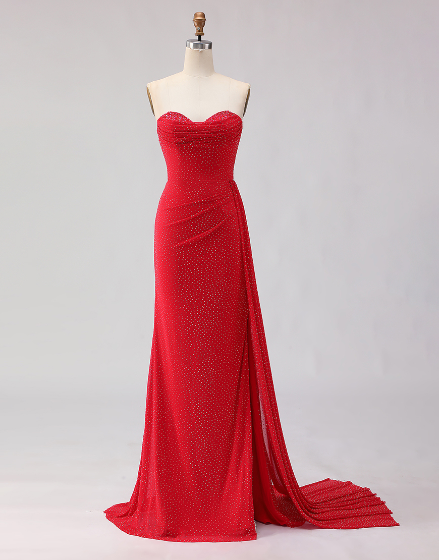 Sparkly Red Beaded Sheath Long Prom Dress with Slit