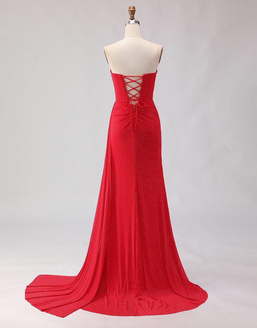 Sparkly Red Beaded Sheath Long Prom Dress with Slit