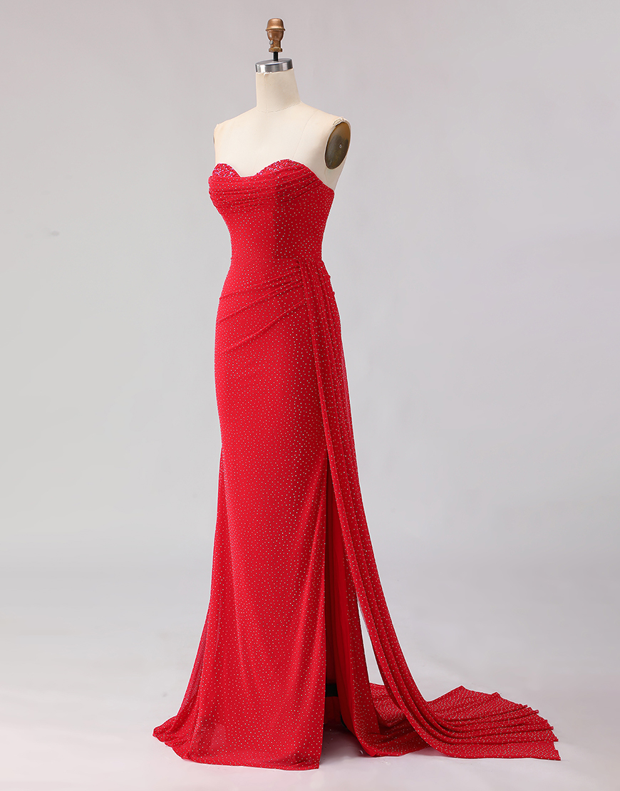 Sparkly Red Beaded Sheath Long Prom Dress with Slit