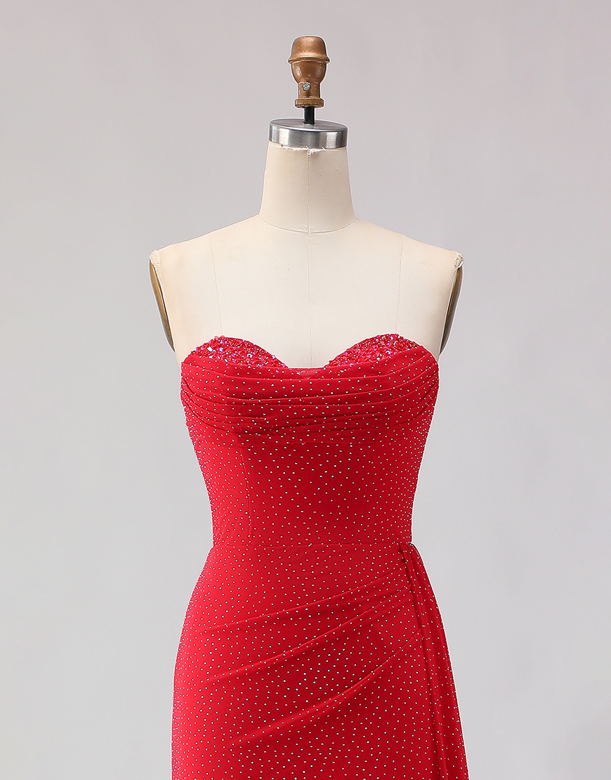 Sparkly Red Beaded Sheath Long Prom Dress with Slit