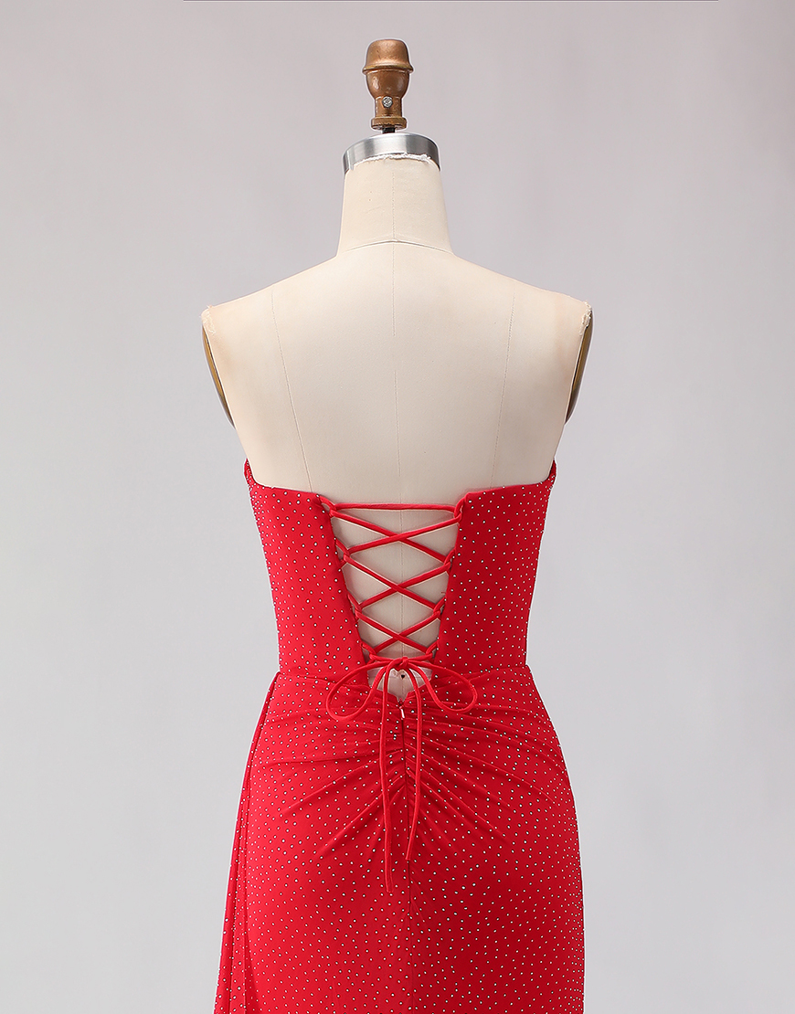 Sparkly Red Beaded Sheath Long Prom Dress with Slit