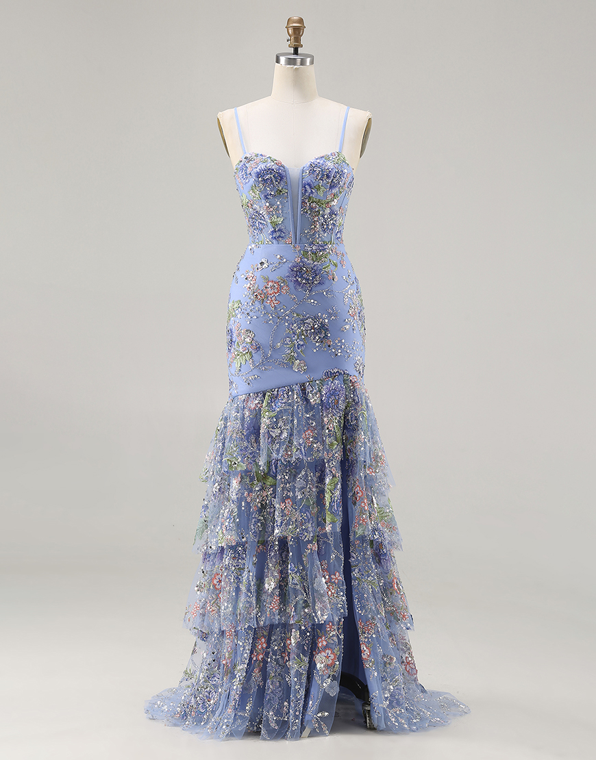 Sparkly Floral Blue Mermaid Corset Ruffled Long Prom Dress with Slit