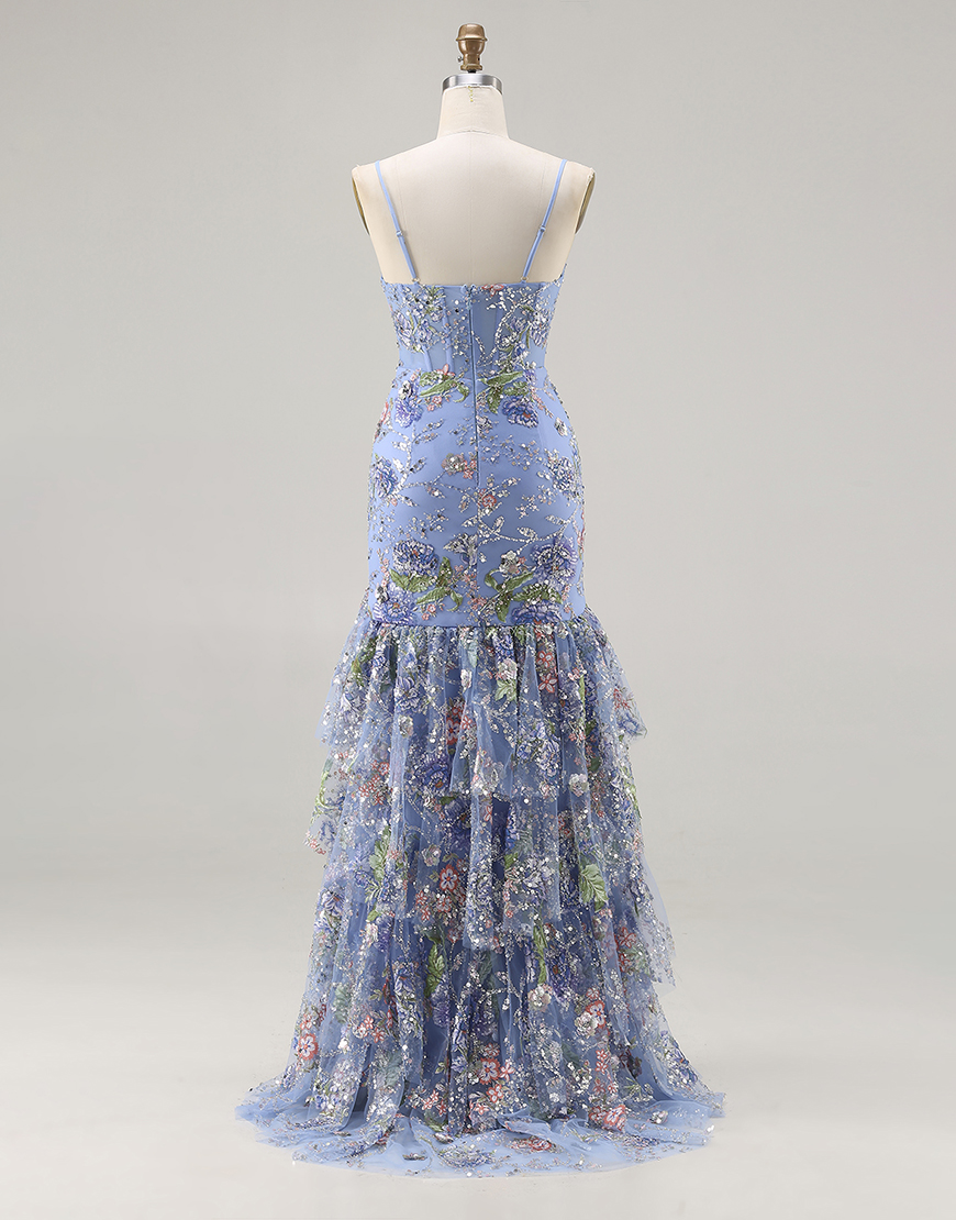 Sparkly Floral Blue Mermaid Corset Ruffled Long Prom Dress with Slit