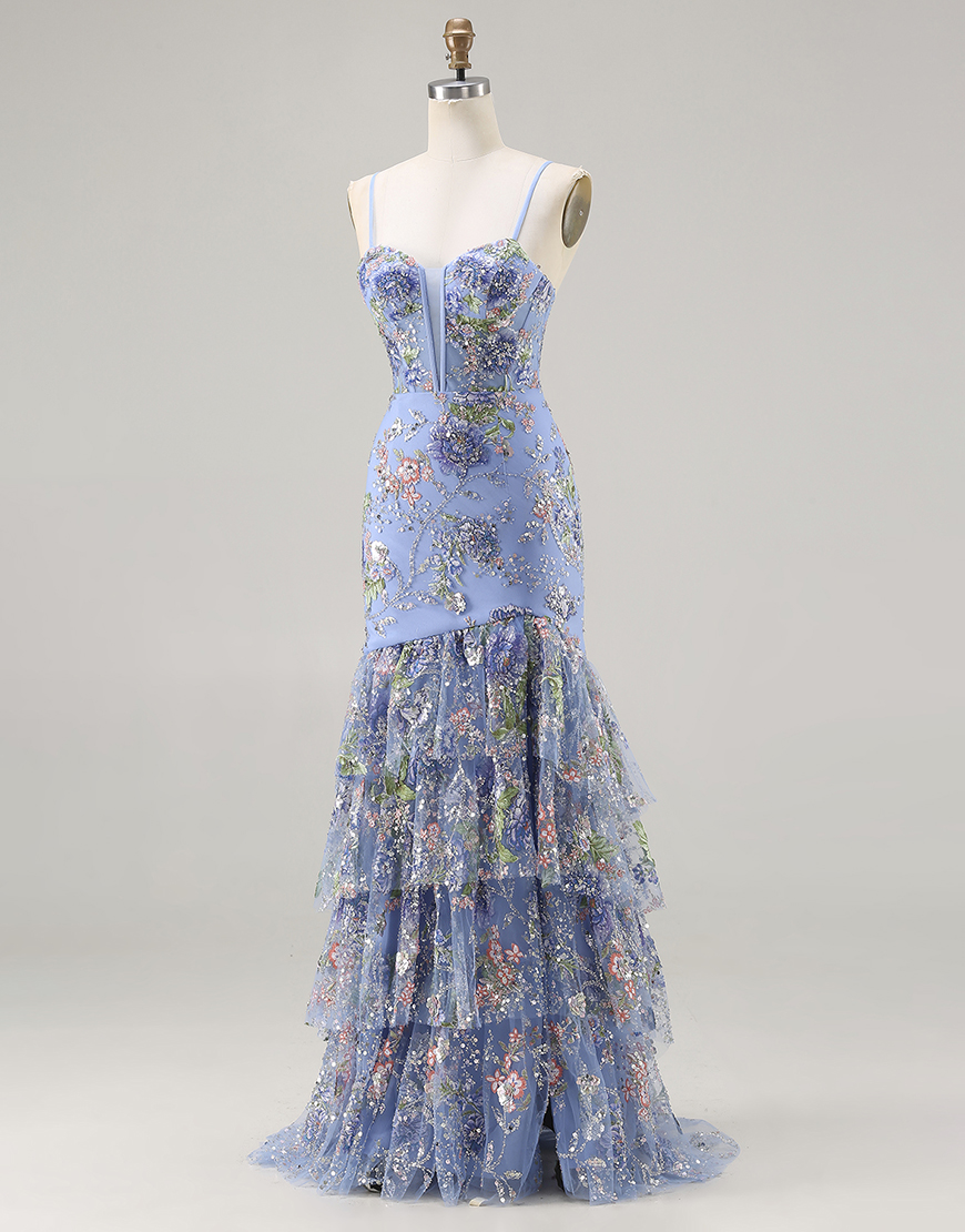 Sparkly Pink Floral Beaded Corset Mermaid Long Prom Dress with Ruffles