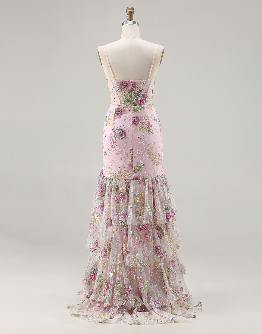 Sparkly Pink Floral Beaded Corset Mermaid Long Prom Dress with Ruffles