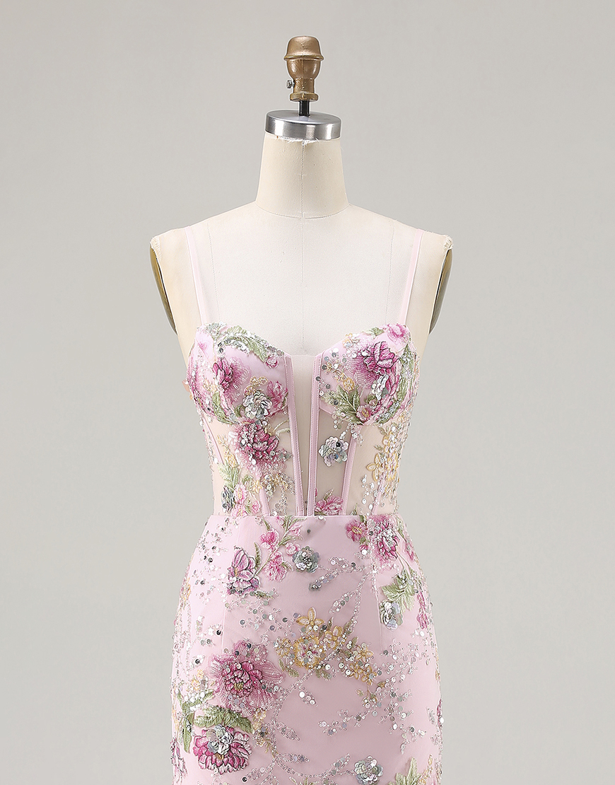 Sparkly Pink Floral Beaded Corset Mermaid Long Prom Dress with Ruffles