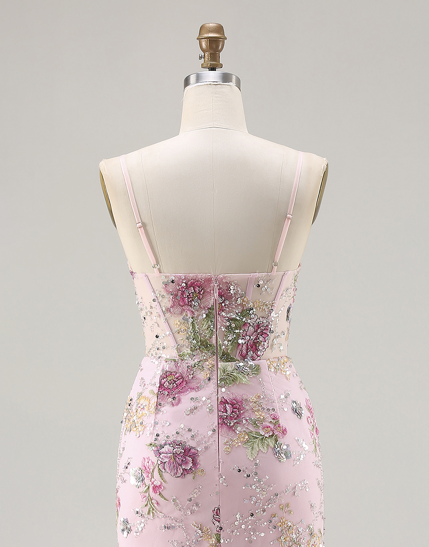 Sparkly Pink Floral Beaded Corset Mermaid Long Prom Dress with Ruffles