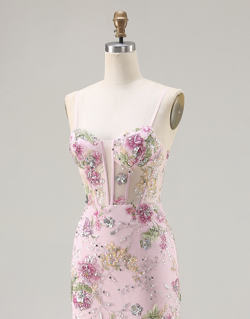 Sparkly Pink Floral Beaded Corset Mermaid Long Prom Dress with Ruffles