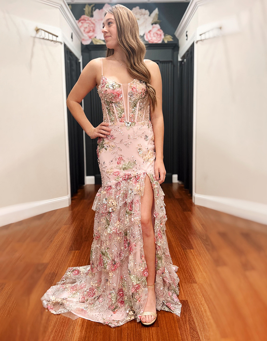 Sparkly Pink Floral Beaded Corset Mermaid Long Prom Dress with Ruffles