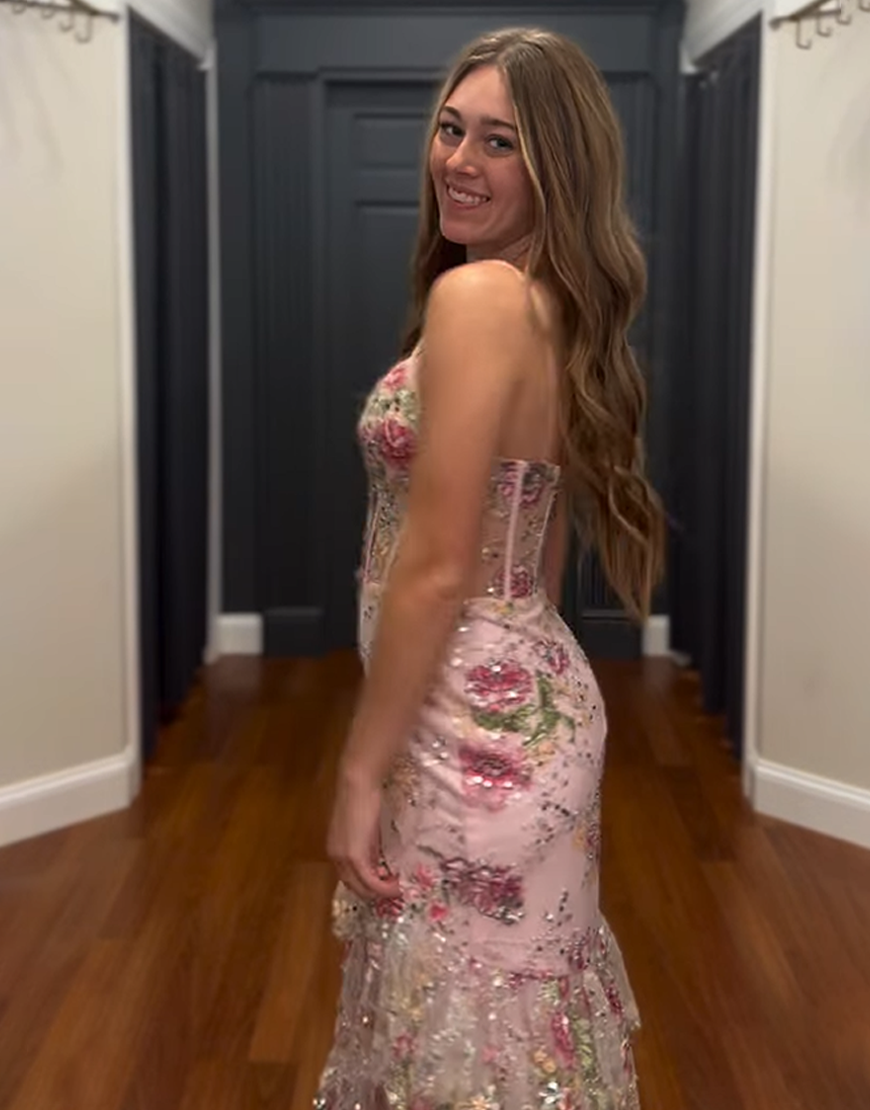 Sparkly Pink Floral Beaded Corset Mermaid Long Prom Dress with Ruffles