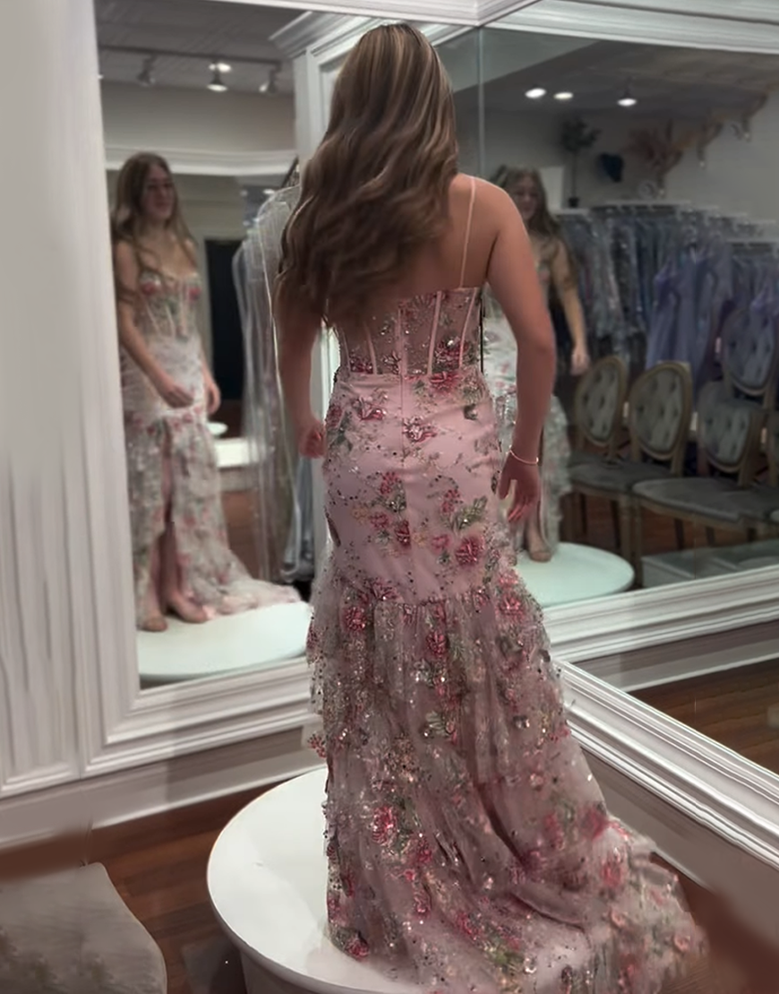 Sparkly Pink Floral Beaded Corset Mermaid Long Prom Dress with Ruffles