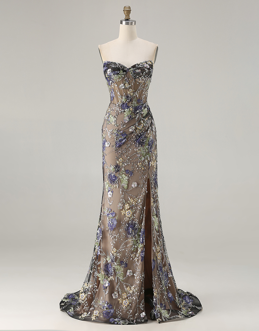 Sparkly Floral Black Beaded Corset Long Mermaid Prom Dress with Slit