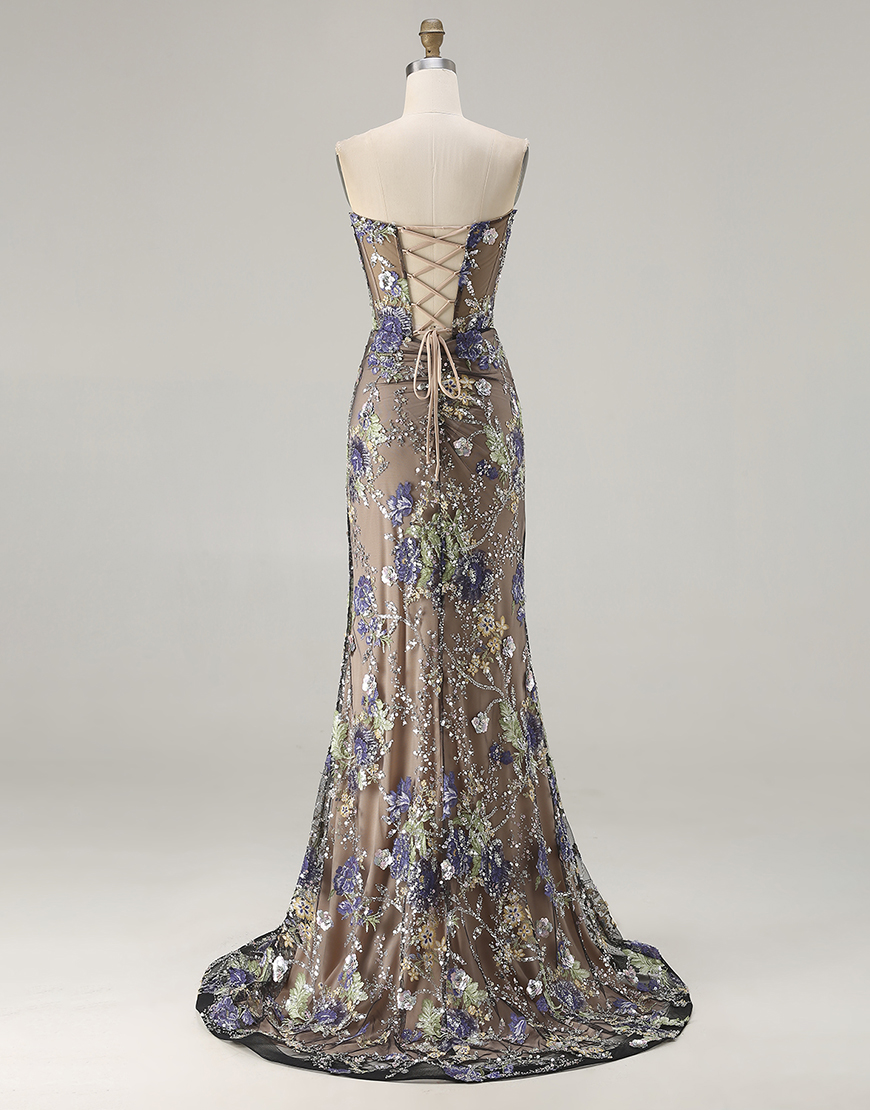 Sparkly Floral Black Beaded Corset Long Mermaid Prom Dress with Slit