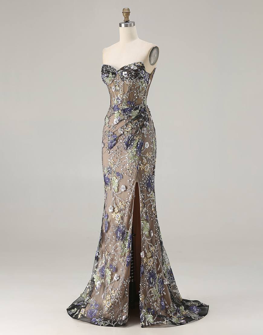 Sparkly Floral Black Beaded Corset Long Mermaid Prom Dress with Slit