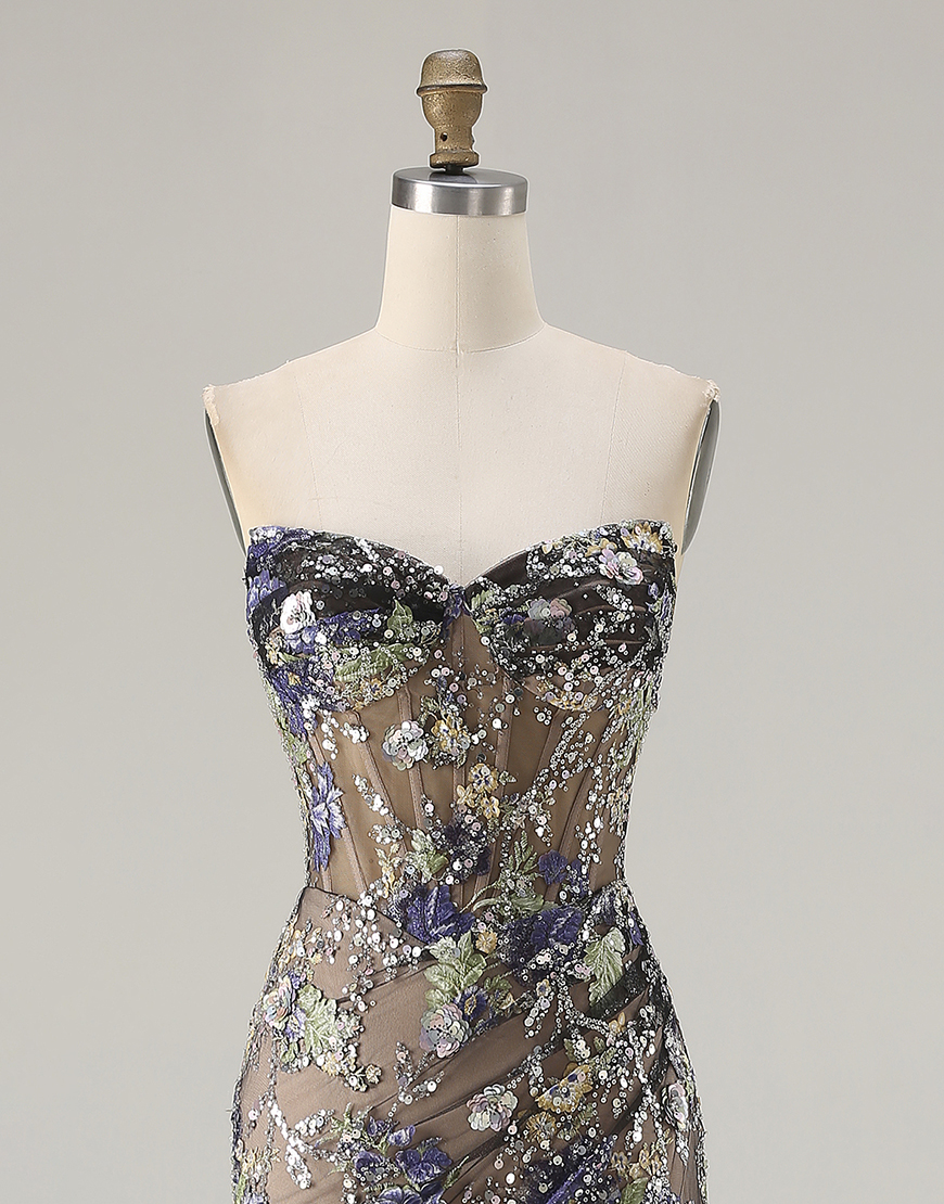 Sparkly Floral Black Beaded Corset Long Mermaid Prom Dress with Slit