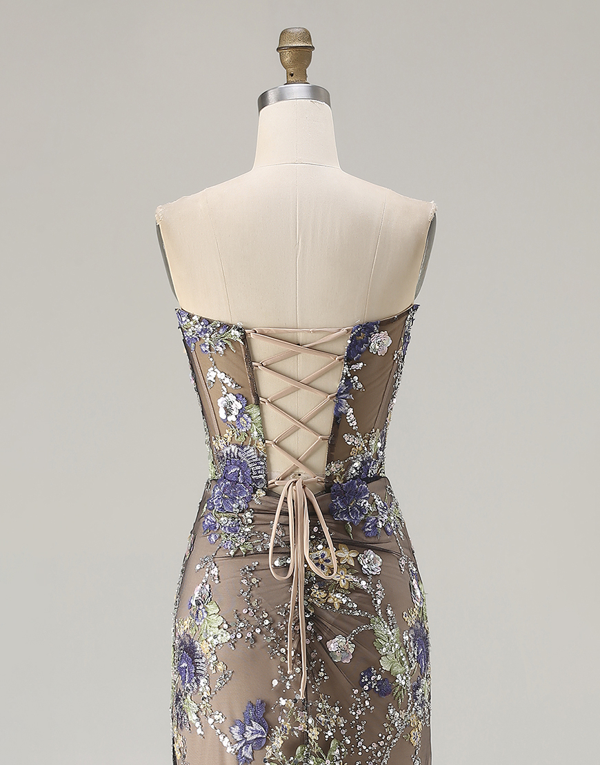 Sparkly Floral Black Beaded Corset Long Mermaid Prom Dress with Slit