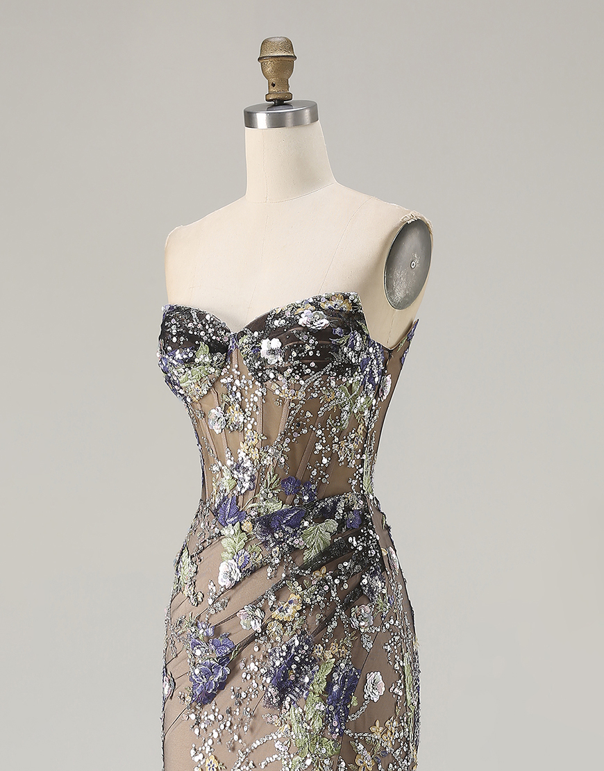 Sparkly Floral Black Beaded Corset Long Mermaid Prom Dress with Slit