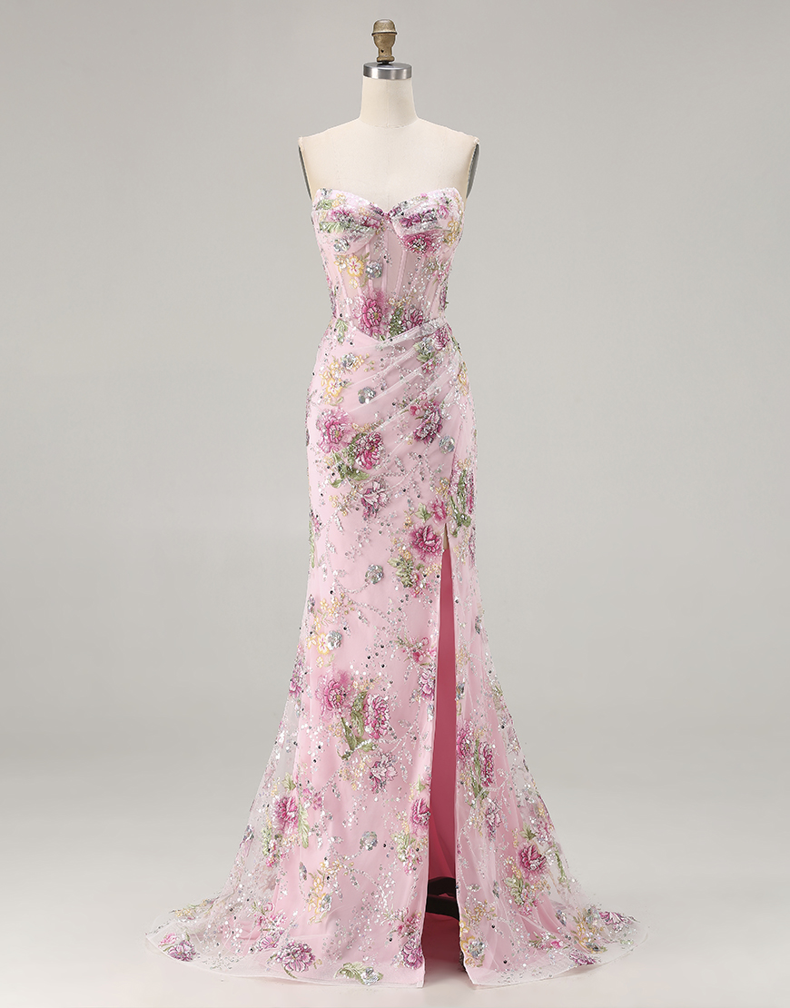 Sparkly Floral Black Beaded Corset Long Mermaid Prom Dress with Slit