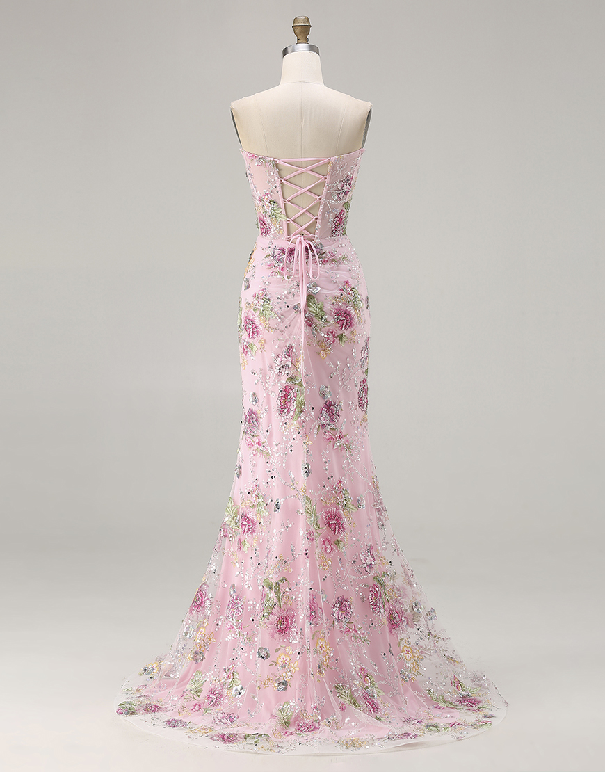 Sparkly Floral Black Beaded Corset Long Mermaid Prom Dress with Slit