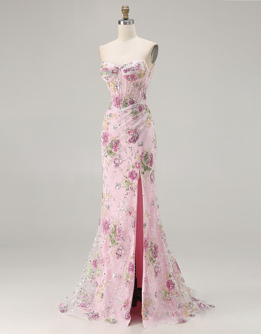 Sparkly Floral Black Beaded Corset Long Mermaid Prom Dress with Slit