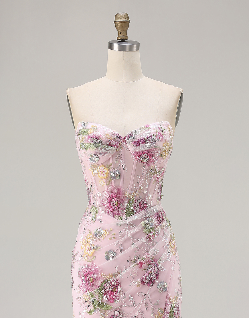 Sparkly Floral Black Beaded Corset Long Mermaid Prom Dress with Slit