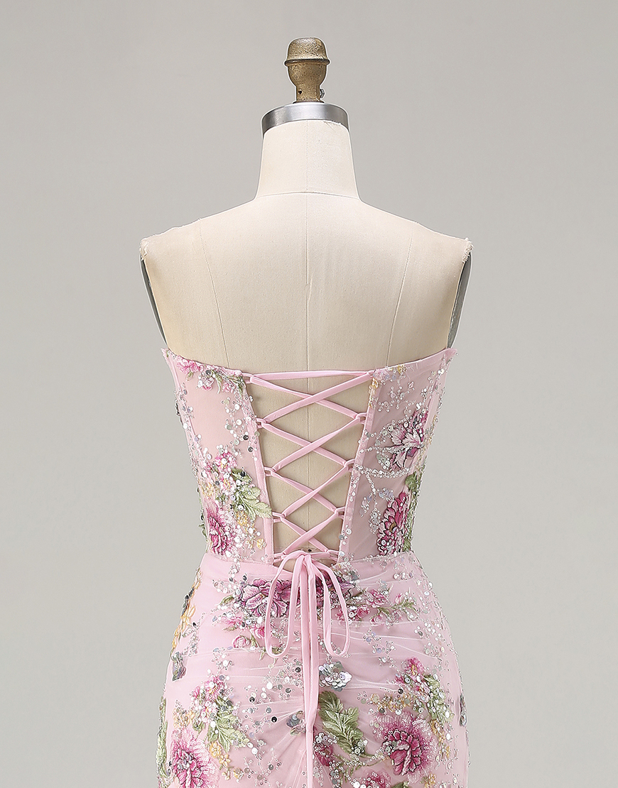 Sparkly Floral Black Beaded Corset Long Mermaid Prom Dress with Slit