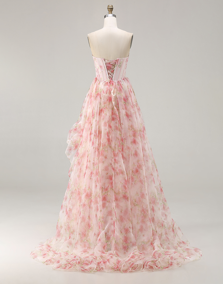 Sparkly Floral Pink Beaded Corset A Line Long Prom Dress with Ruffles