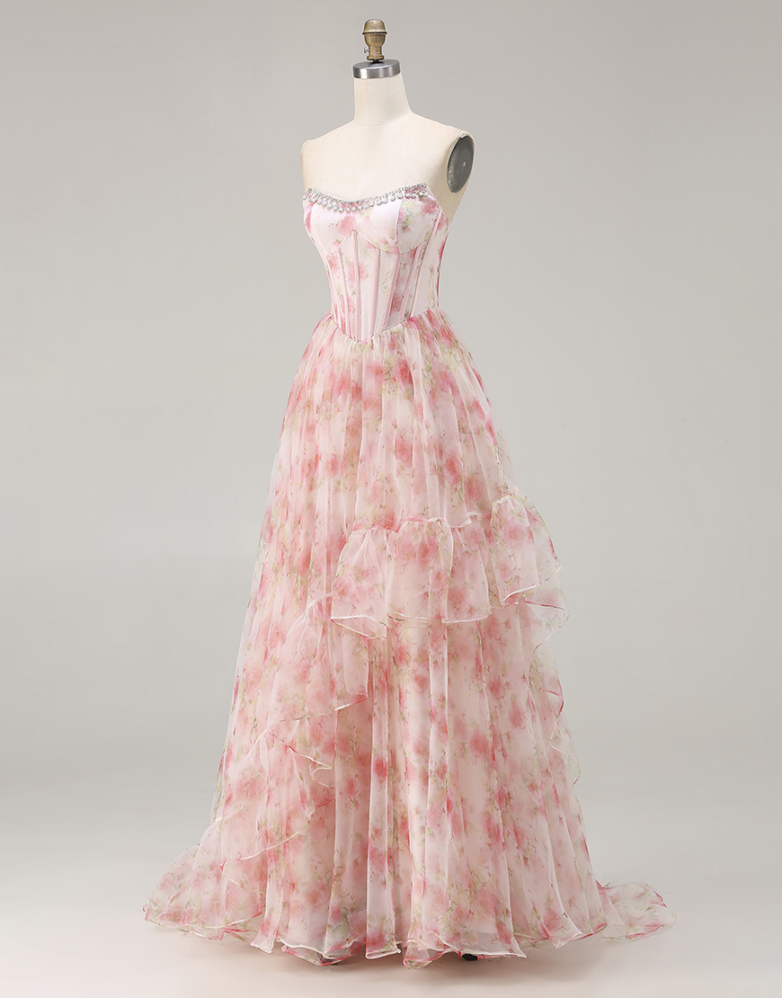 Sparkly Floral Pink Beaded Corset A Line Long Prom Dress with Ruffles