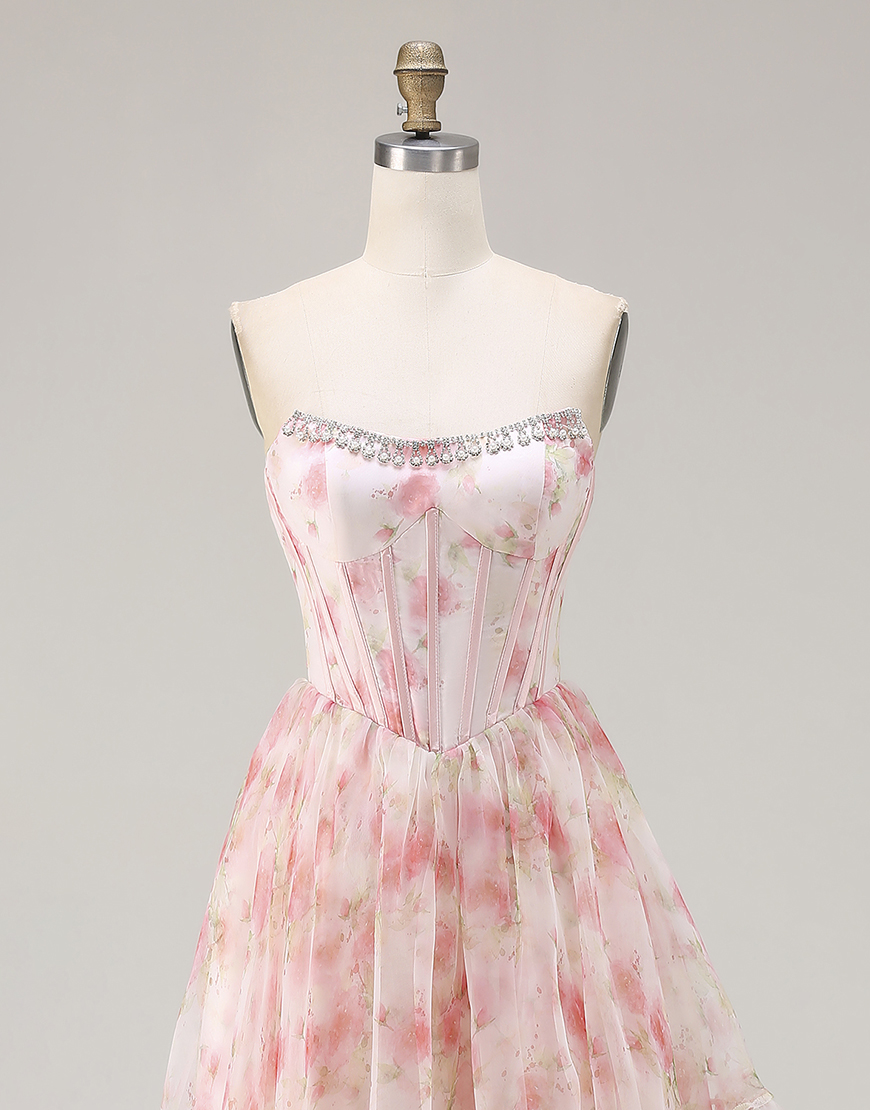 Sparkly Floral Pink Beaded Corset A Line Long Prom Dress with Ruffles