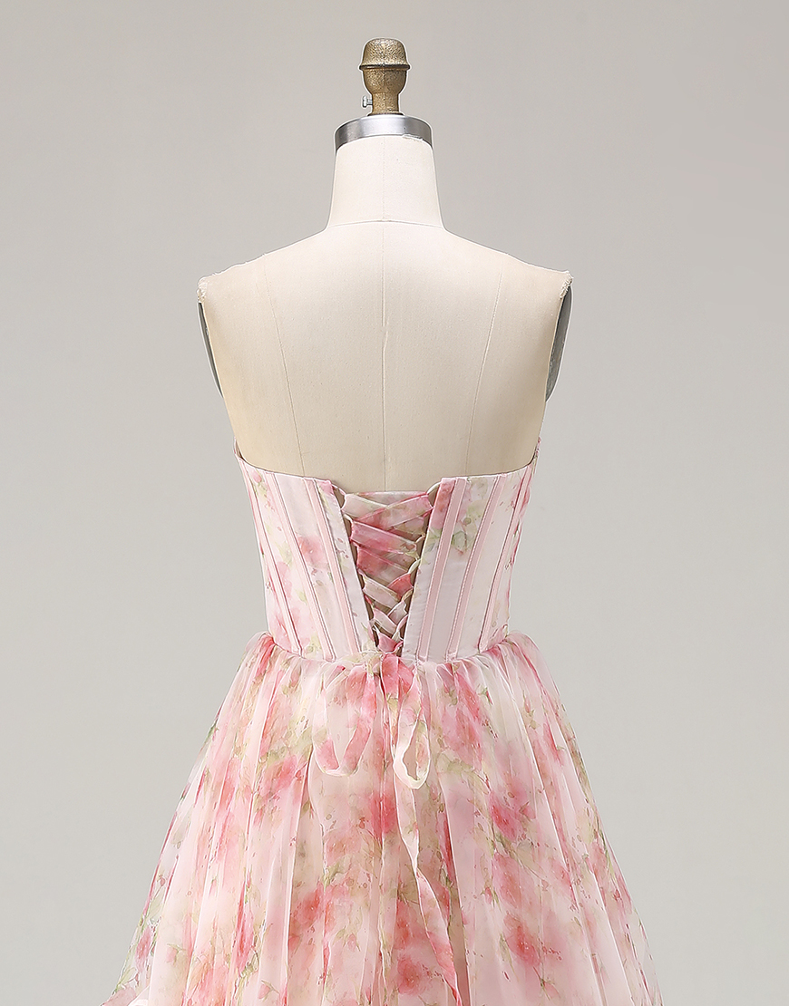 Sparkly Floral Pink Beaded Corset A Line Long Prom Dress with Ruffles