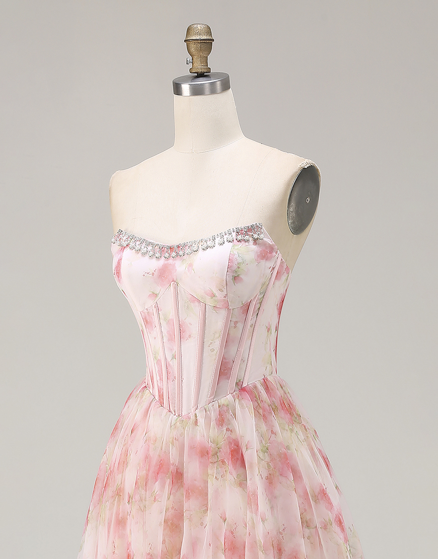 Sparkly Floral Pink Beaded Corset A Line Long Prom Dress with Ruffles