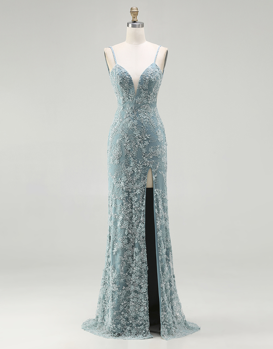 Sparkly Floral Grey Green Mermaid Beaded Long Prom Dress with Slit