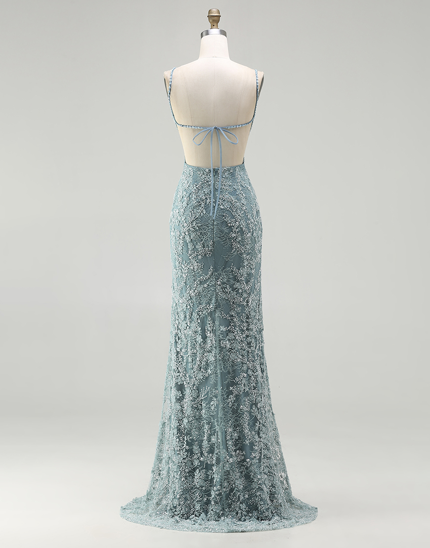 Sparkly Floral Grey Green Mermaid Beaded Long Prom Dress with Slit