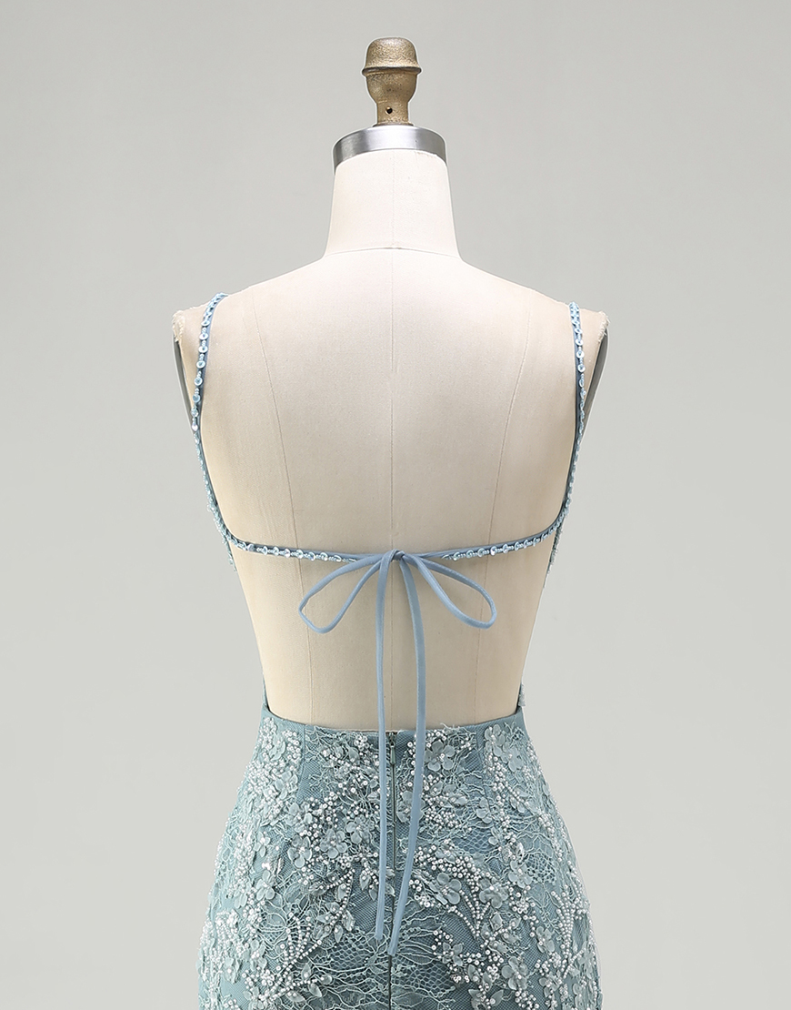 Sparkly Floral Grey Green Mermaid Beaded Long Prom Dress with Slit