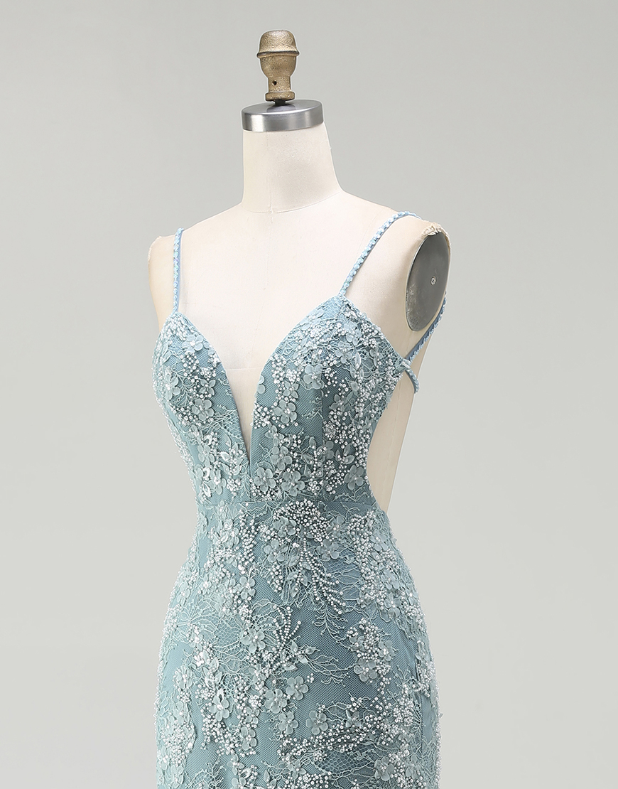 Sparkly Floral Grey Green Mermaid Beaded Long Prom Dress with Slit