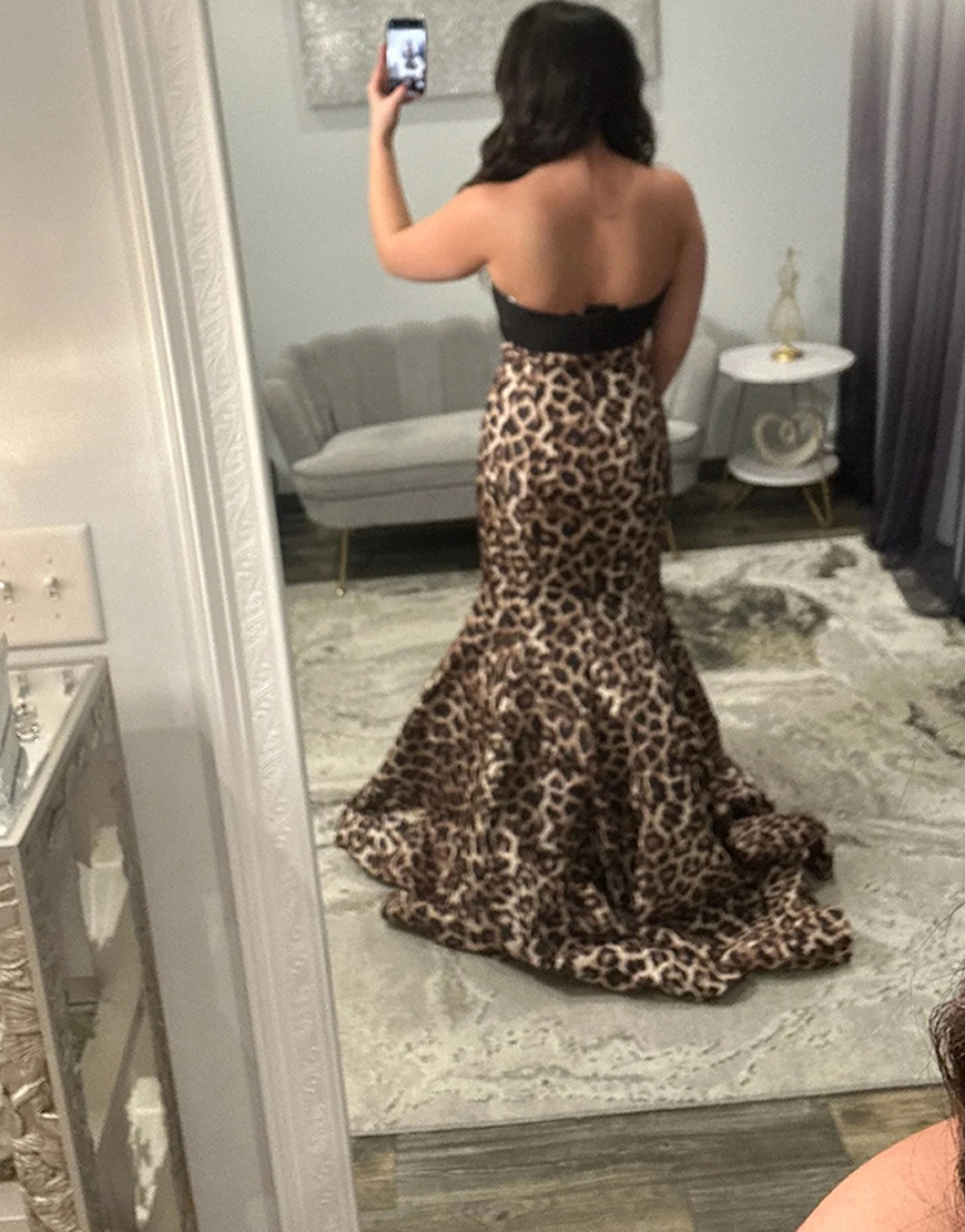 Brown Leopard Floral Sweetheart Mermaid Print Long Prom Dress with Bow
