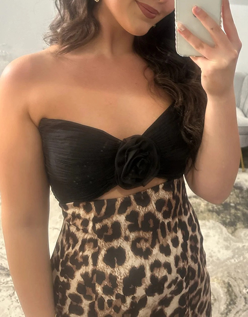 Brown Leopard Floral Sweetheart Mermaid Print Long Prom Dress with Bow