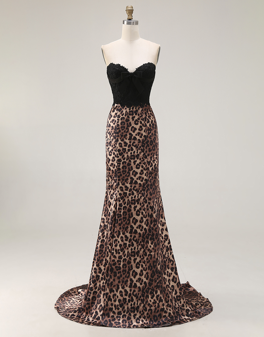 Brown Leopard Mermaid Print Sweetheart Long Prom Dress with Bow
