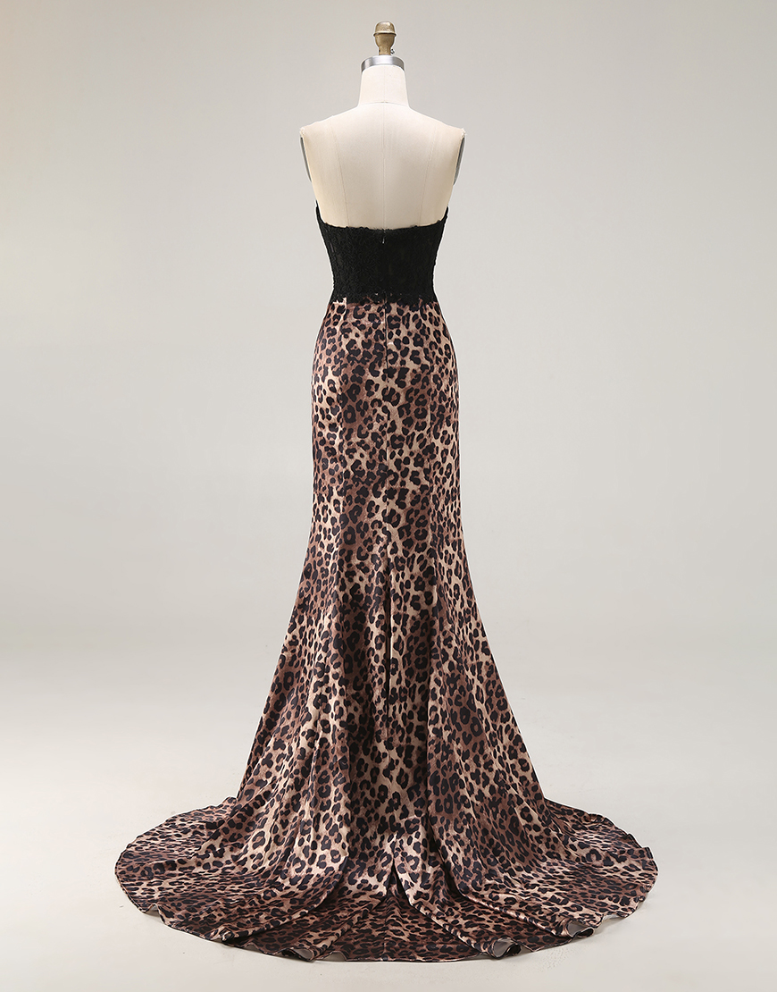 Brown Leopard Mermaid Print Sweetheart Long Prom Dress with Bow