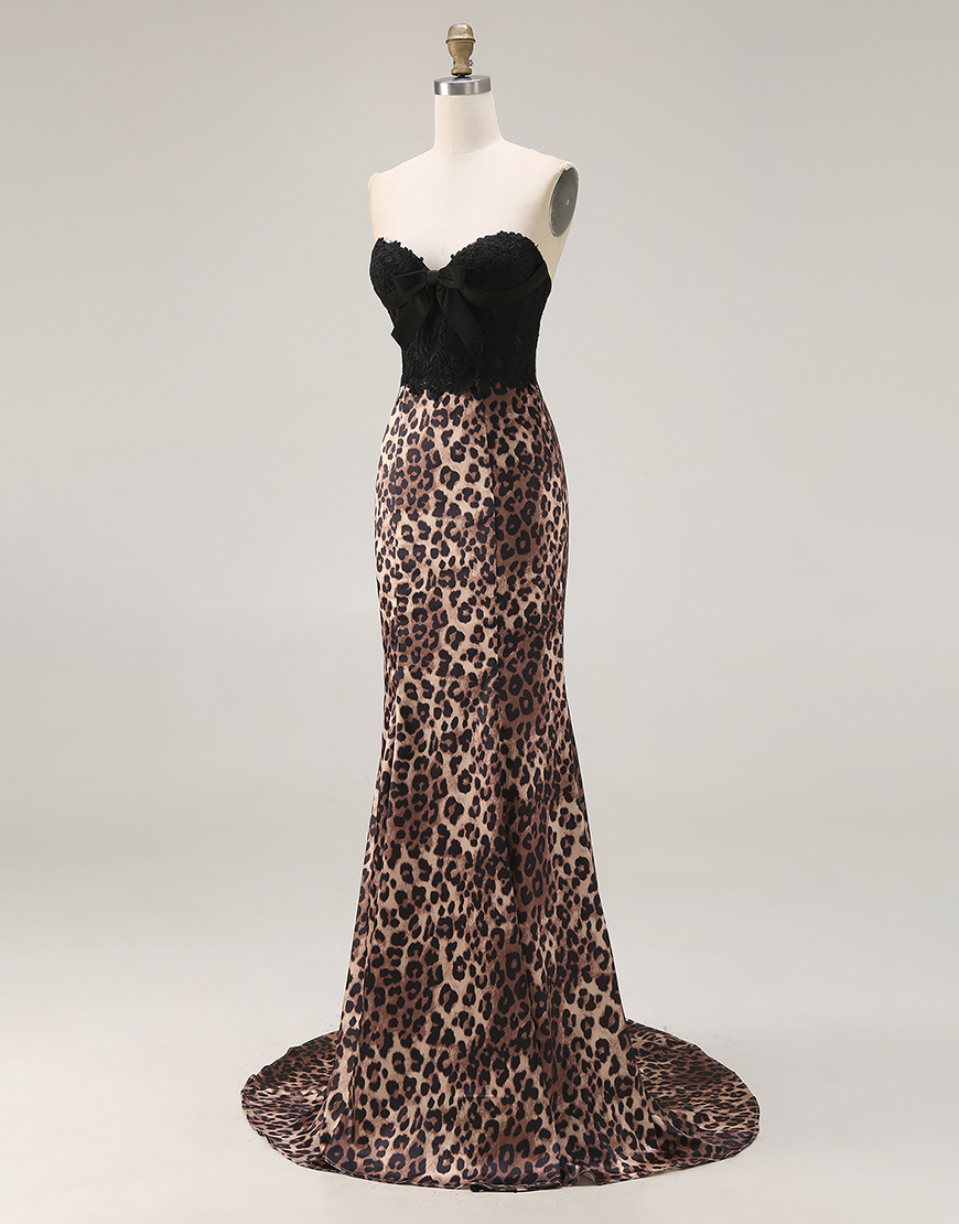 Brown Leopard Mermaid Print Sweetheart Long Prom Dress with Bow