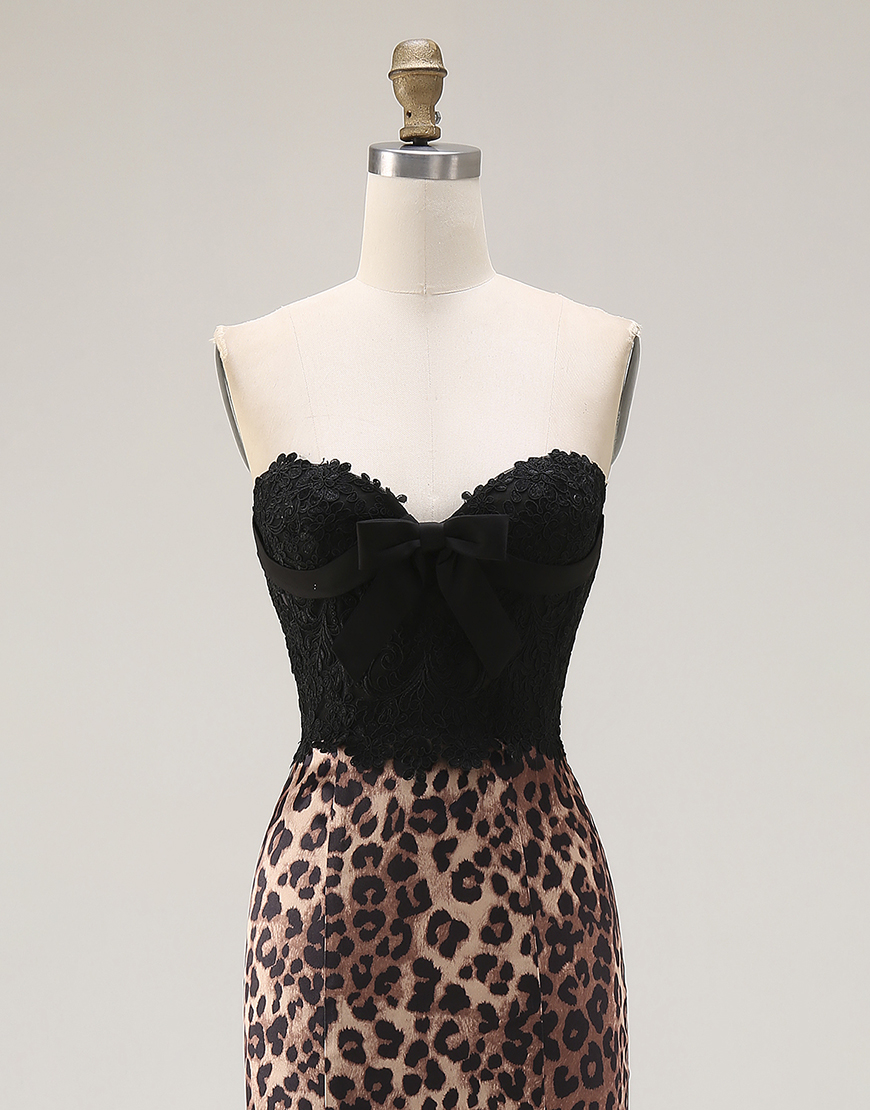Brown Leopard Mermaid Print Sweetheart Long Prom Dress with Bow