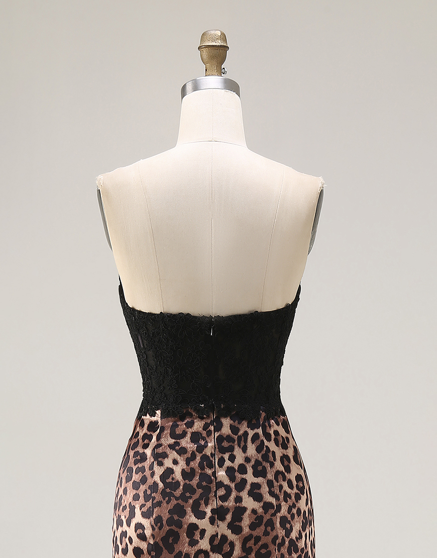 Brown Leopard Mermaid Print Sweetheart Long Prom Dress with Bow