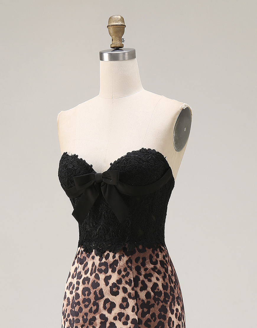 Brown Leopard Mermaid Print Sweetheart Long Prom Dress with Bow