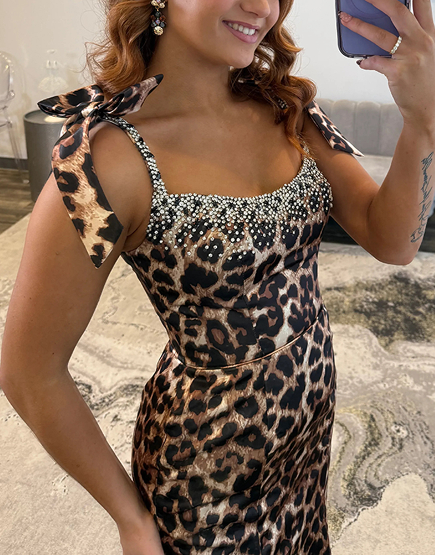 Sparkly Brown Leopard Mermaid Beaded Long Prom Dress with Bows