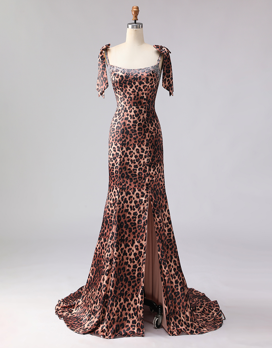 Sparkly Brown Leopard Beaded Print Long Prom Dress with Bows