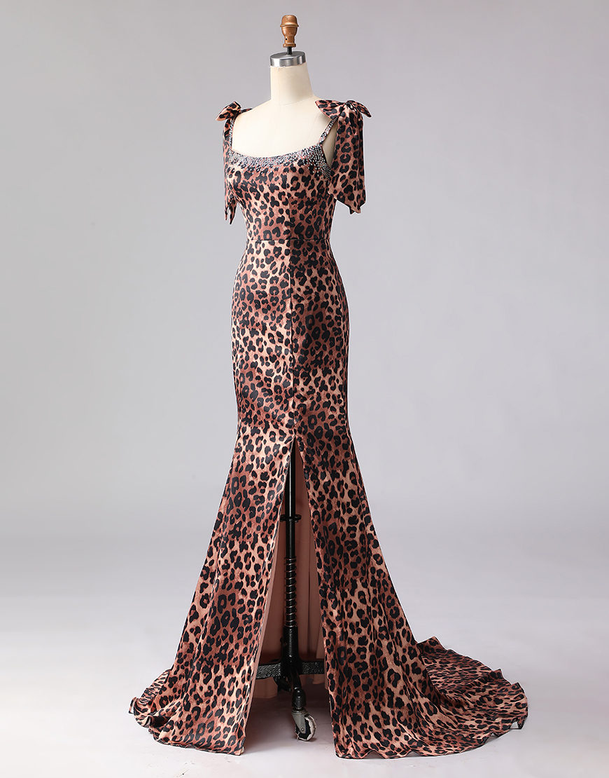 Sparkly Brown Leopard Beaded Print Long Prom Dress with Bows